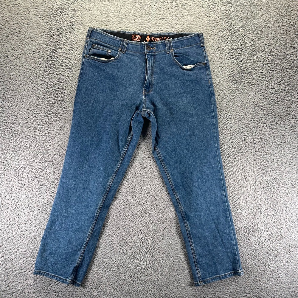 Seven Oaks Jeans Mens 35x29 Blue Cotton Denim Straight Slim Workwear Stretch